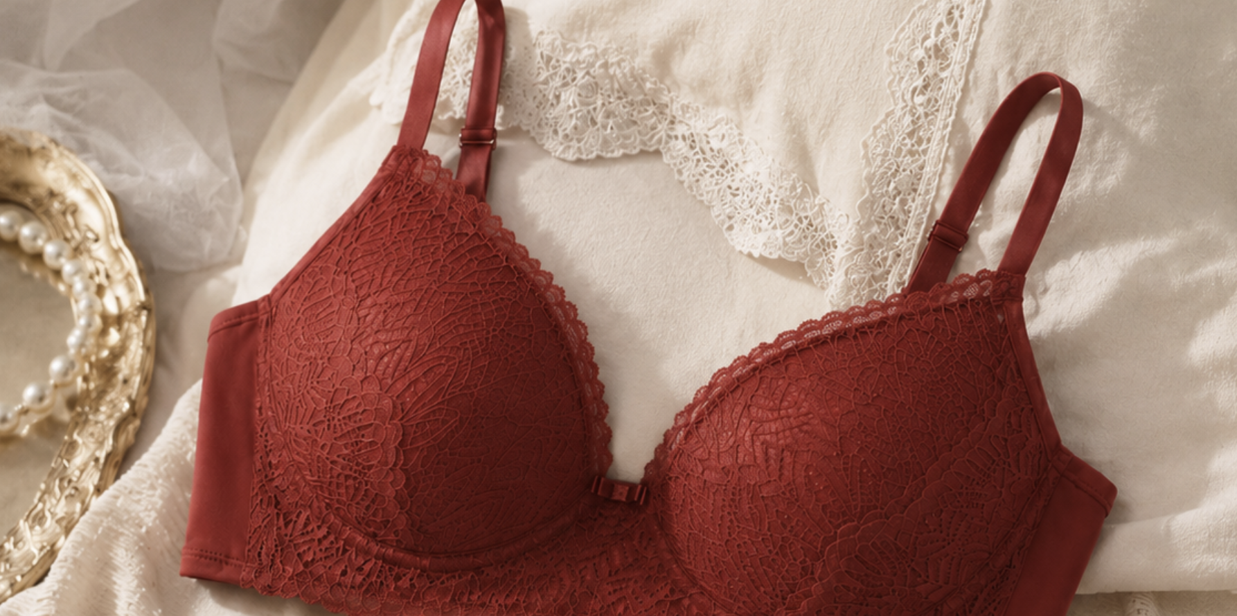 Sutiã de renda vermelho sobre tecidos de linho creme com moldura dourada e pérolas